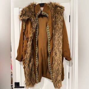 Free People long camel Aztec and fur jacket, size S